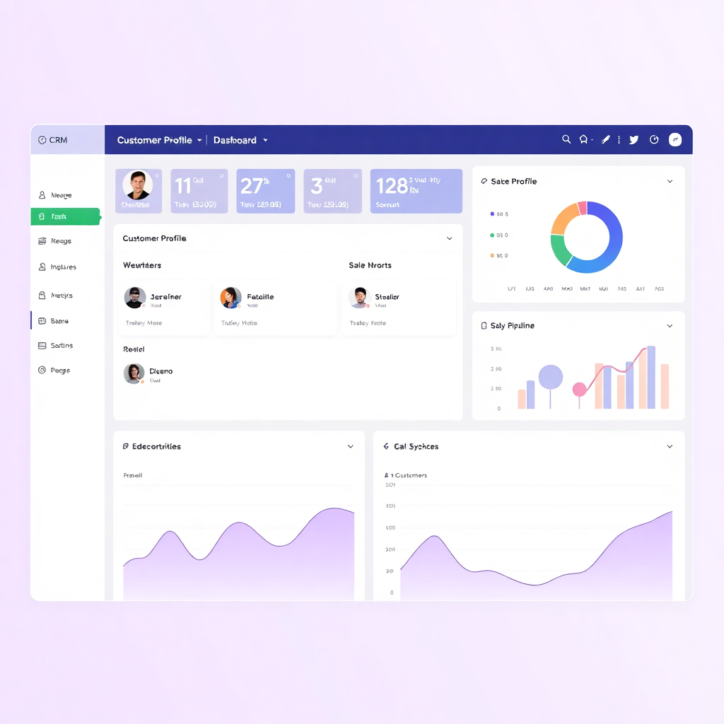 modern CRM dashboard interface showing customer profiles, sales pipeline, and analytics charts, clean professional design, purple gradient theme