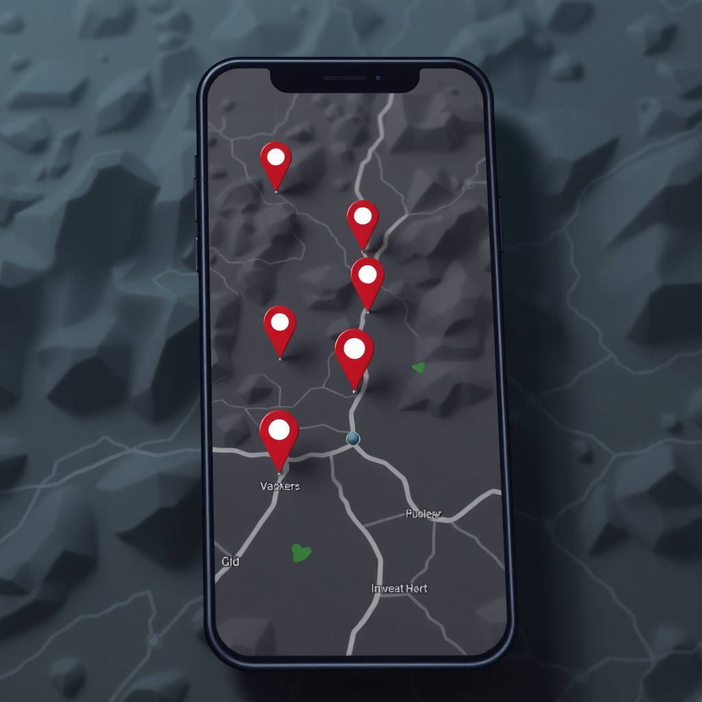 mobile map interface with location markers and navigation route, investigation game style