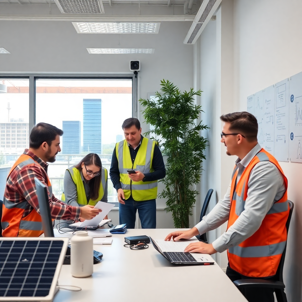 professional team working on solar monitoring systems in modern office
