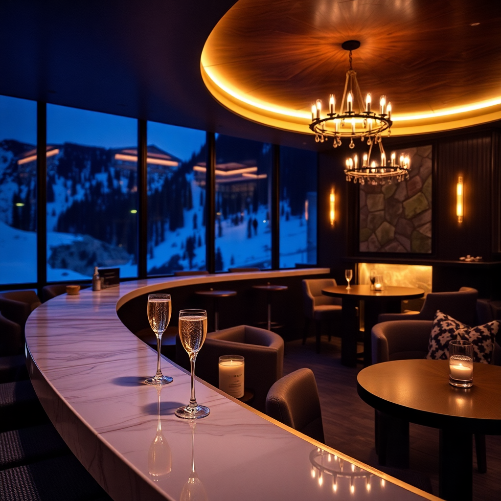 luxury mountain bar lounge Sport Hotel Hermitage Soldeu Andorra warm alpine interior champagne cocktails evening atmosphere après-ski premium hospitality editorial photography cinematic