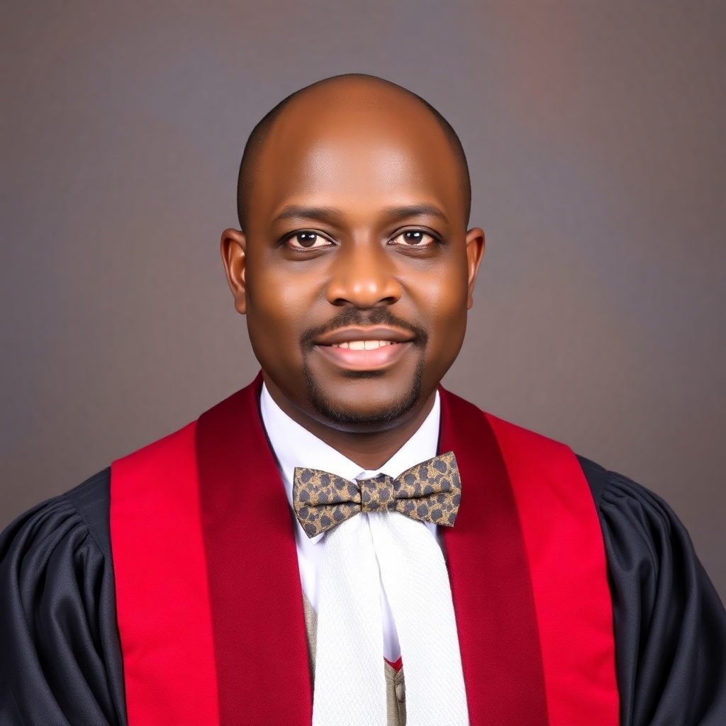 distinguished Ghanaian male judge in judicial robes, headshot portrait, authoritative presence, African features