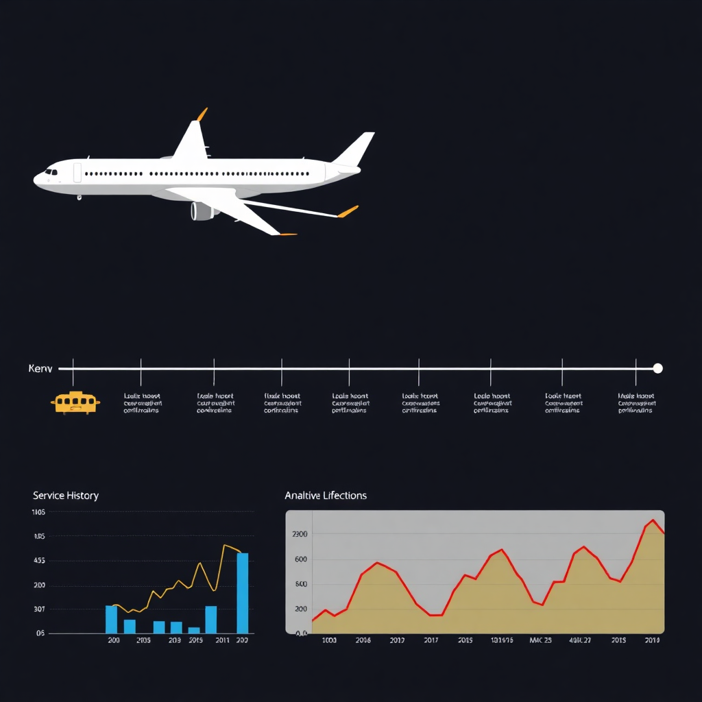 predictive maintenance timeline interface showing aircraft service history, future maintenance predictions, component lifecycle charts, analytics graphs