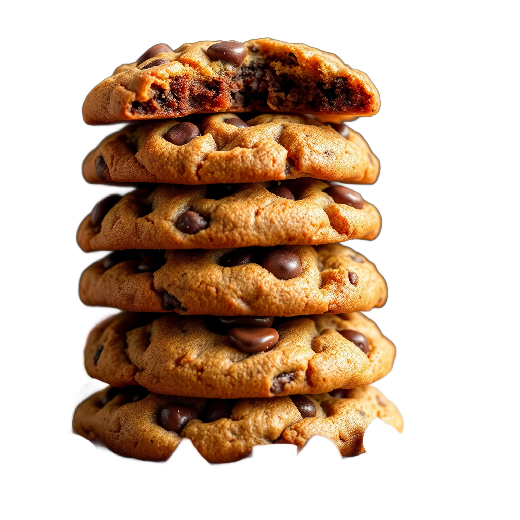 stack of delicious chocolate chip cookies with melting chocolate chunks, gourmet food photography, warm lighting, transparent background