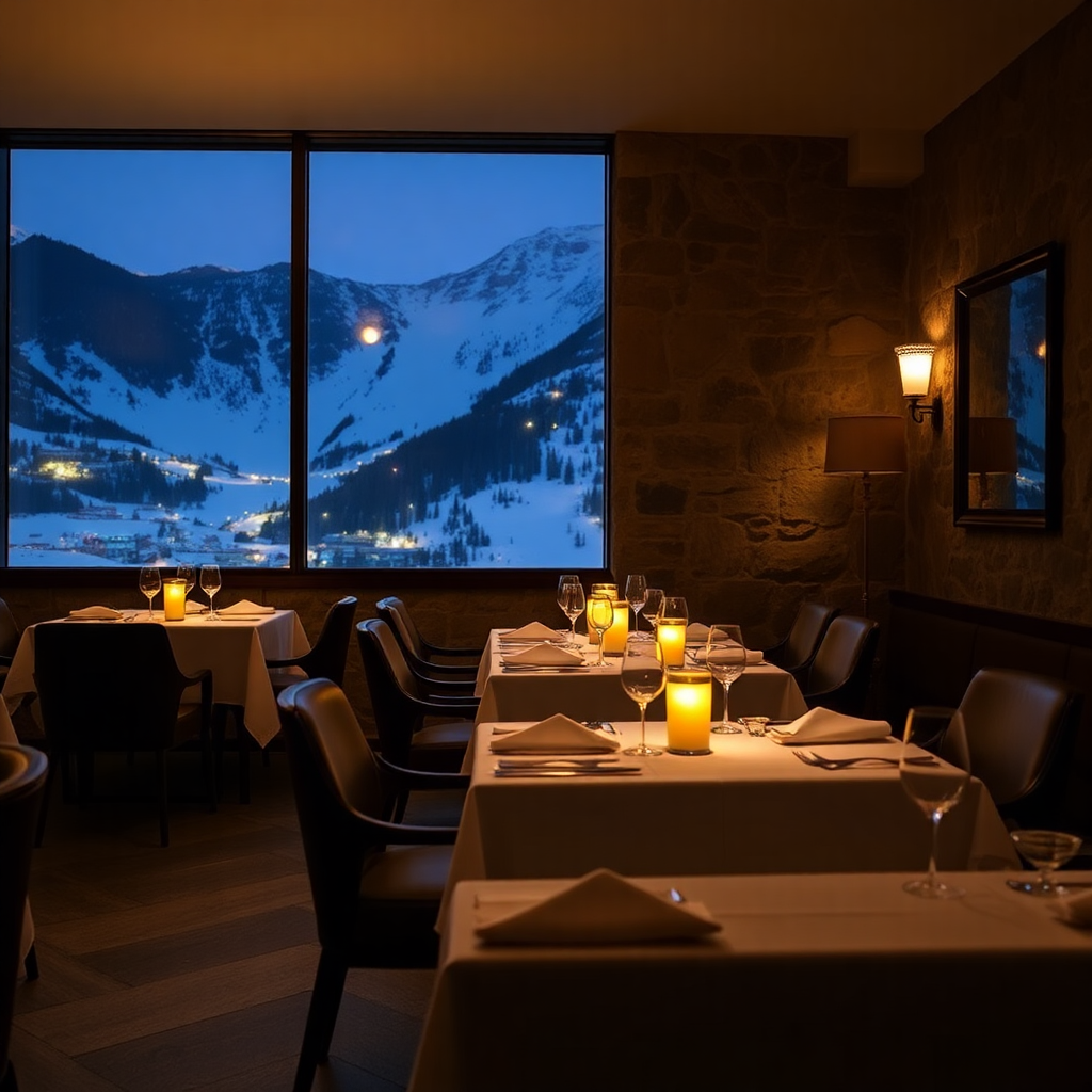 luxury alpine restaurant Sport Hotel Hermitage Soldeu Andorra elegant mountain dining room warm stone interior candlelight panoramic ski slope view premium hospitality editorial photography dark cinematic