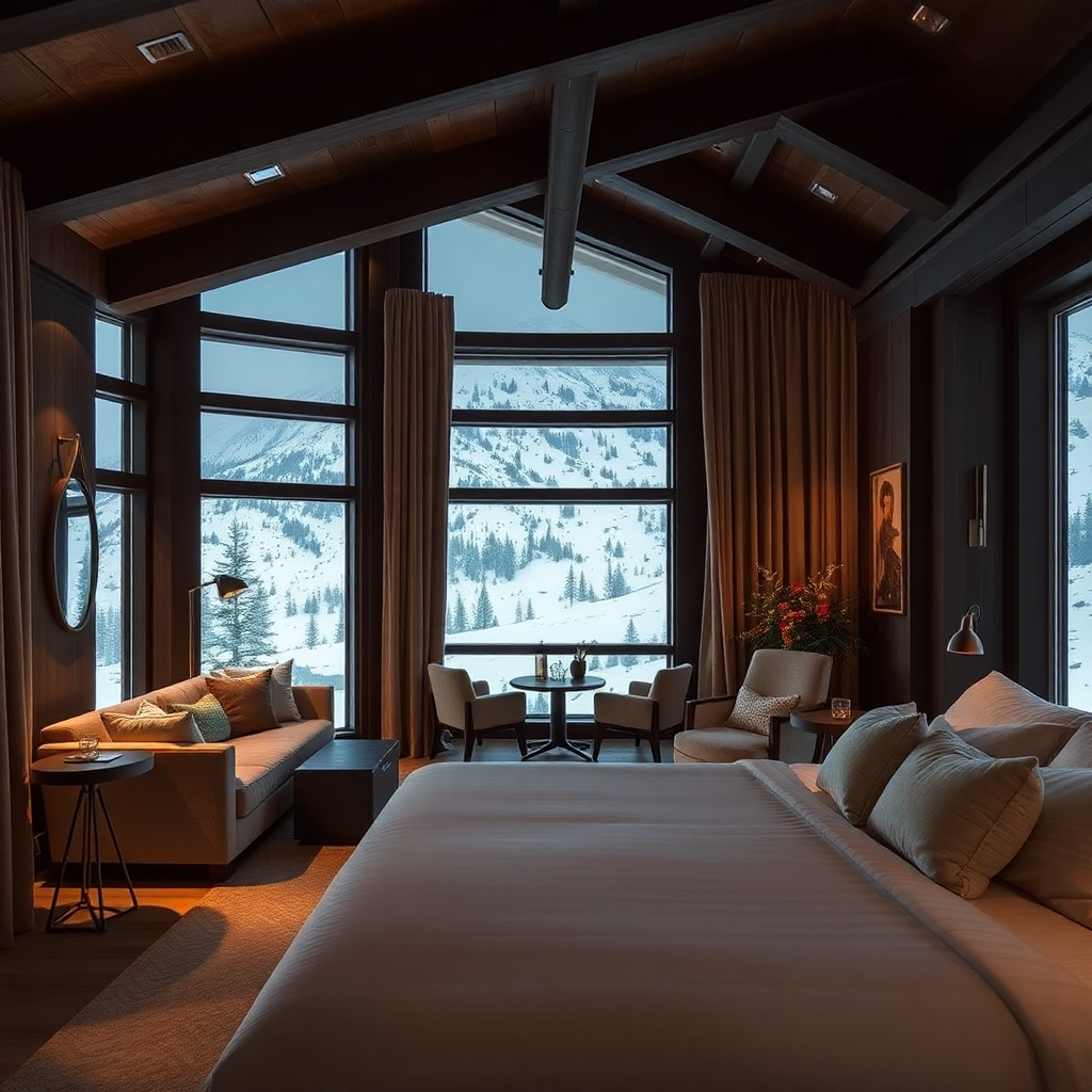 Andorra luxury boutique hotel mountain alpine interior warm light winter editorial photography dark cinematic champagne tones ski resort