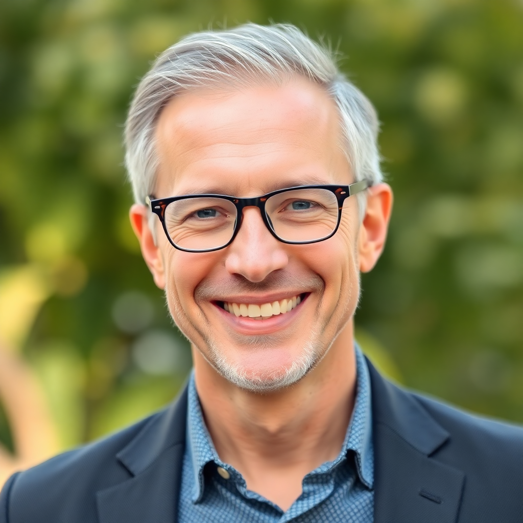 middle-aged man with glasses and warm smile, professional portrait, natural lighting