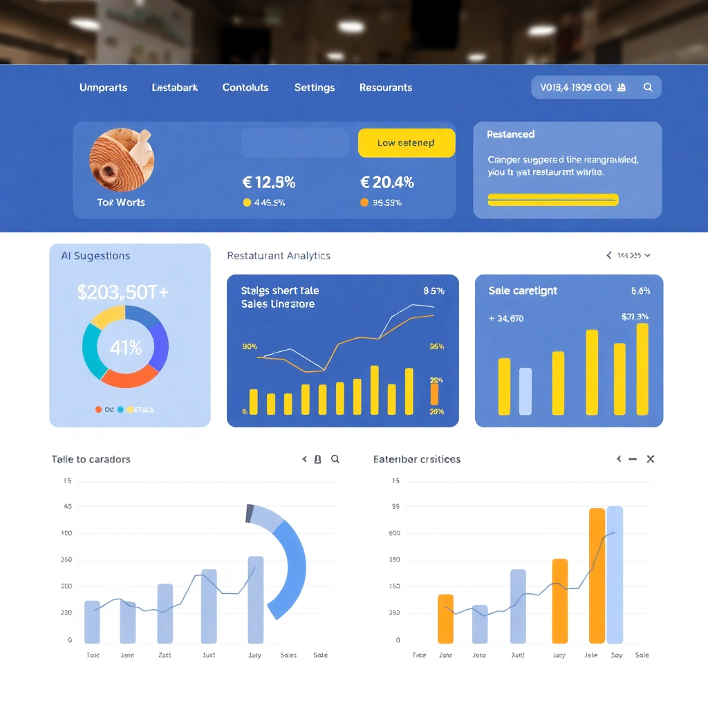 restaurant analytics dashboard with AI suggestions and performance insights, charts showing sales data, modern UI with blue and yellow accents