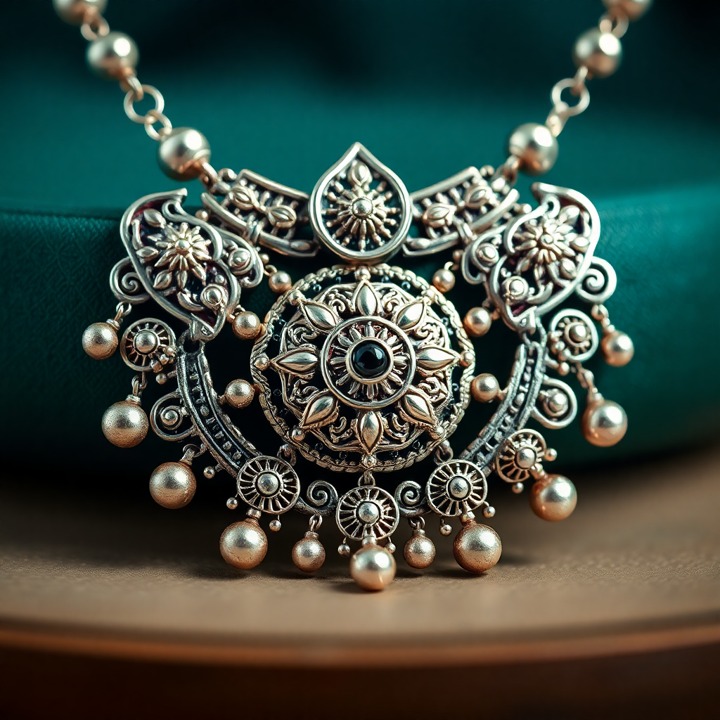 traditional Indian silver jewelry necklace with intricate designs, close-up product photography, luxury