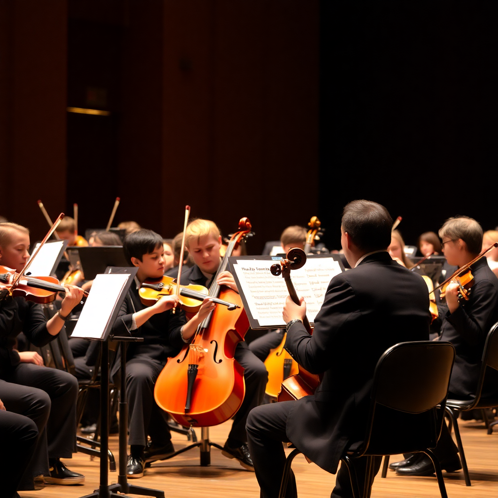 music concert performance, students playing instruments, orchestra