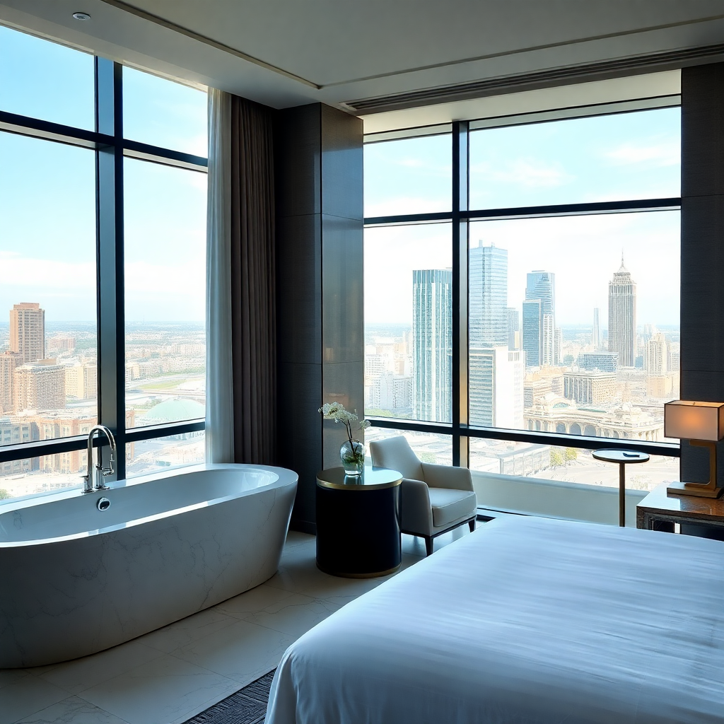 luxury hotel suite with king bed, marble bathroom, city view, elegant furniture