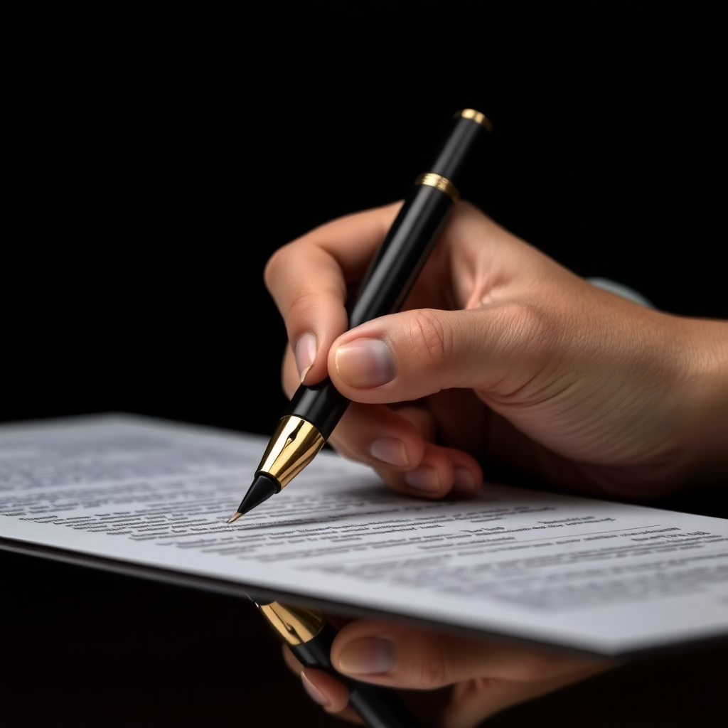 high quality close up photo of signing a document with a luxury fountain pen, dark background, wealth management context