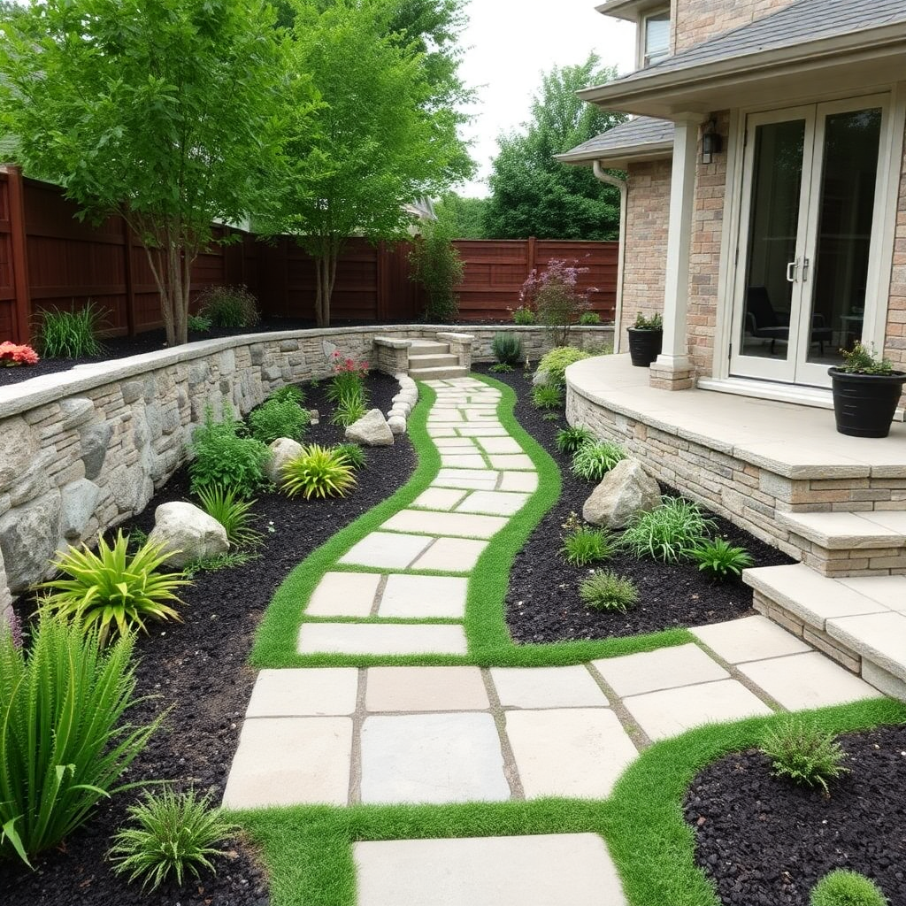 beautiful garden landscaping project with paving stones