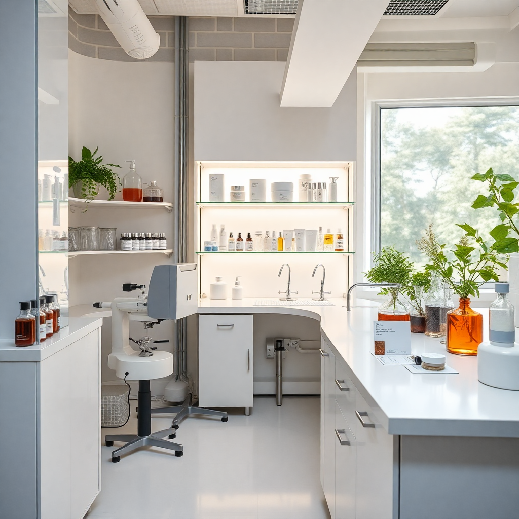 modern laboratory with skincare research, botanical extracts, scientific equipment, clean aesthetic