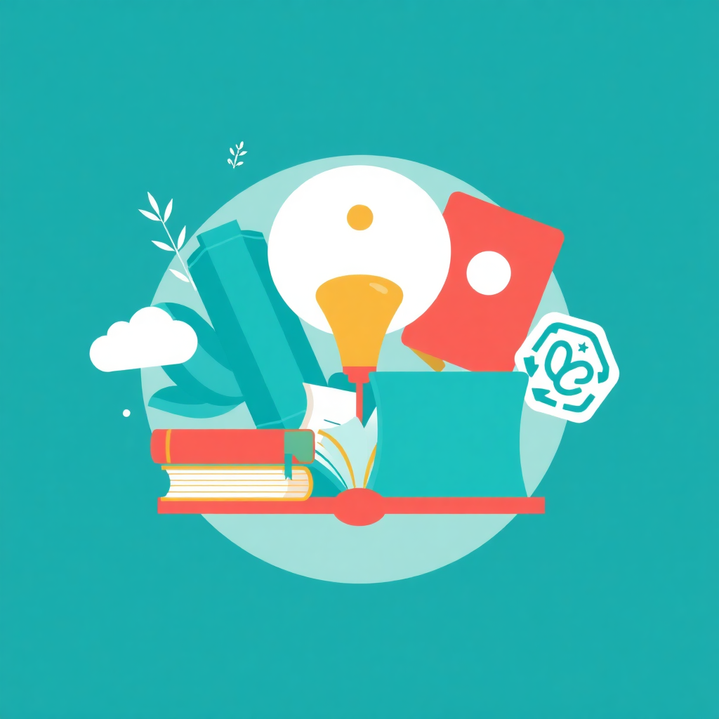 interactive learning module icon with books and educational elements in teal colors