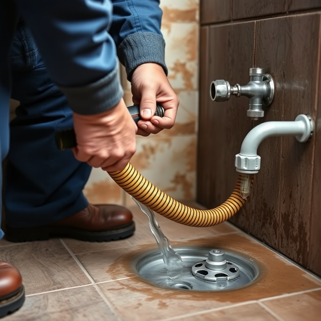 plumber using drain snake to clear clogged drain, realistic photo