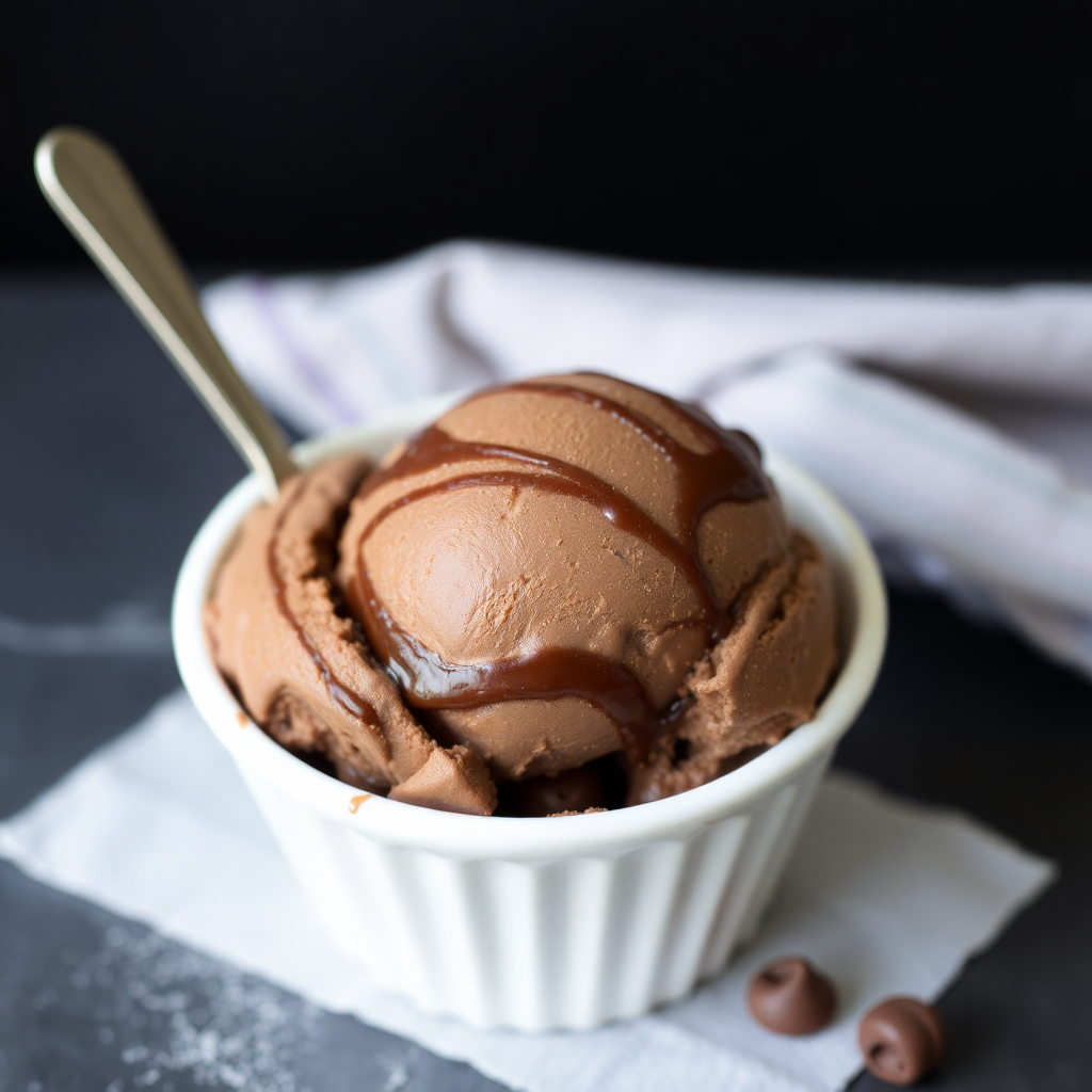 scoop of deep dark chocolate ice cream with fudge swirls
