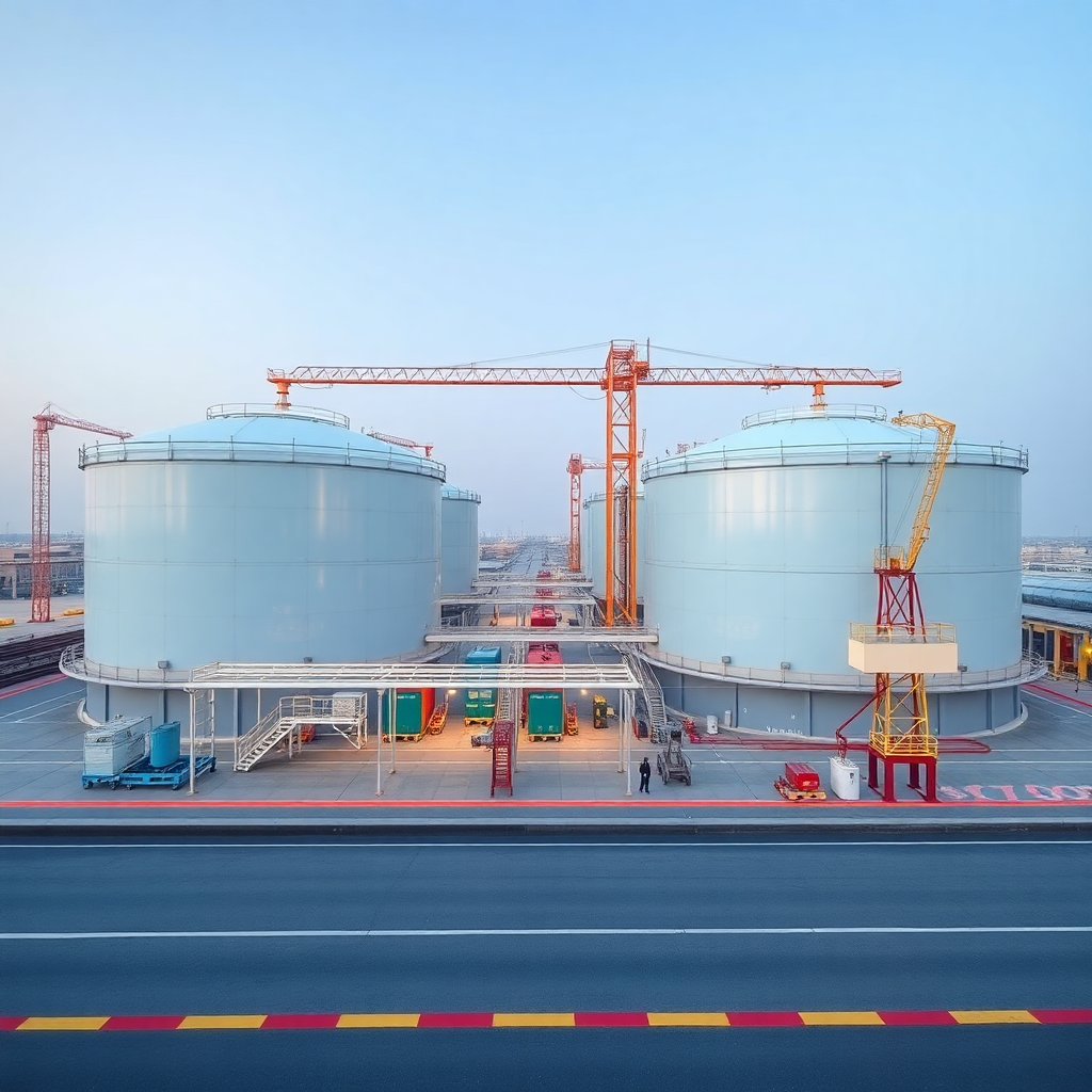 Modern oil storage terminal facility with large cylindrical tanks in Hamriyah Free Zone