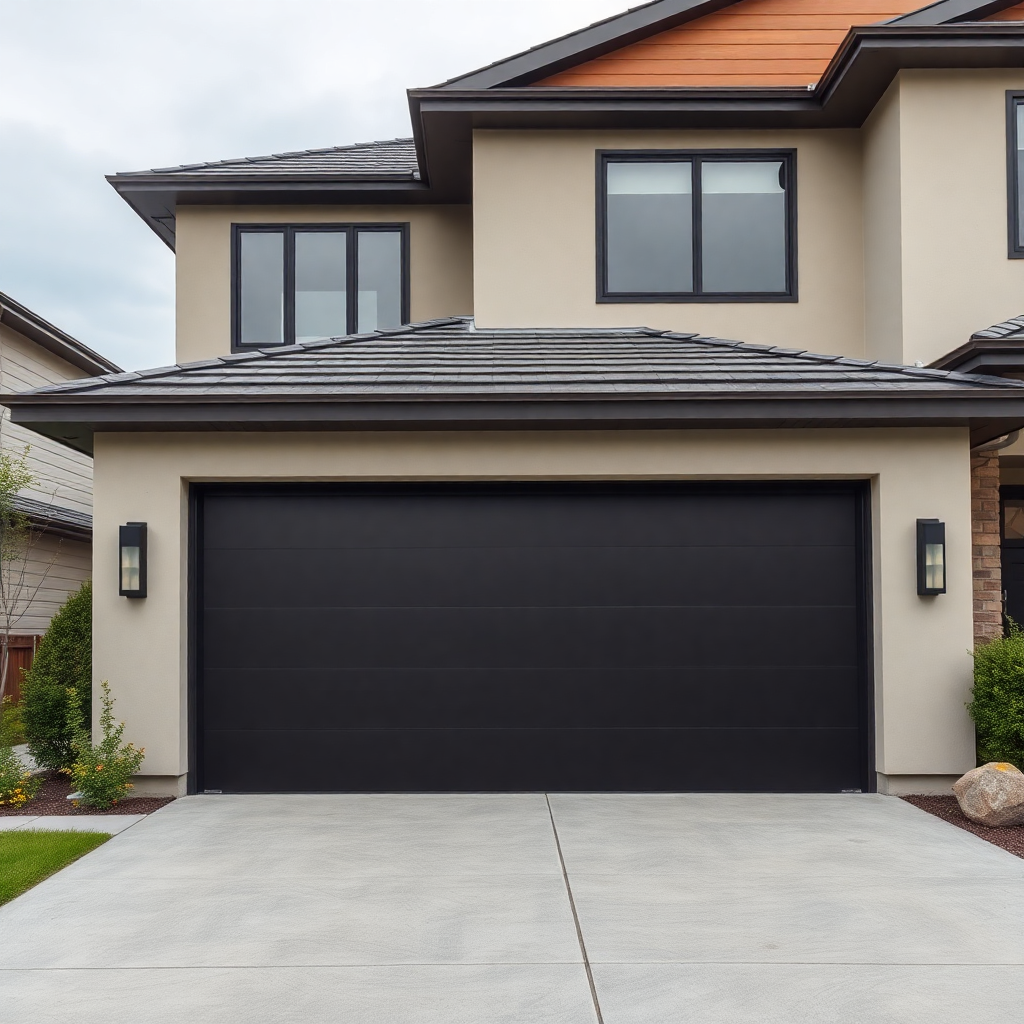 modern residential garage door on luxury home exterior, professional photography, wide angle