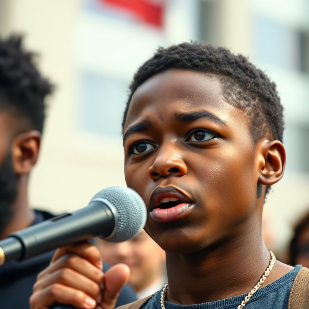 young Black activist speaking passionately at rally, close-up portrait, determined expression