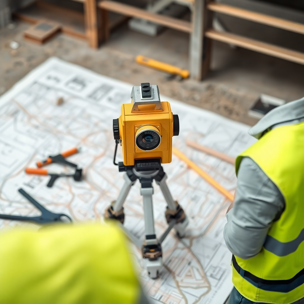 construction site planning with blueprints and surveying equipment, topographic map, professional setting