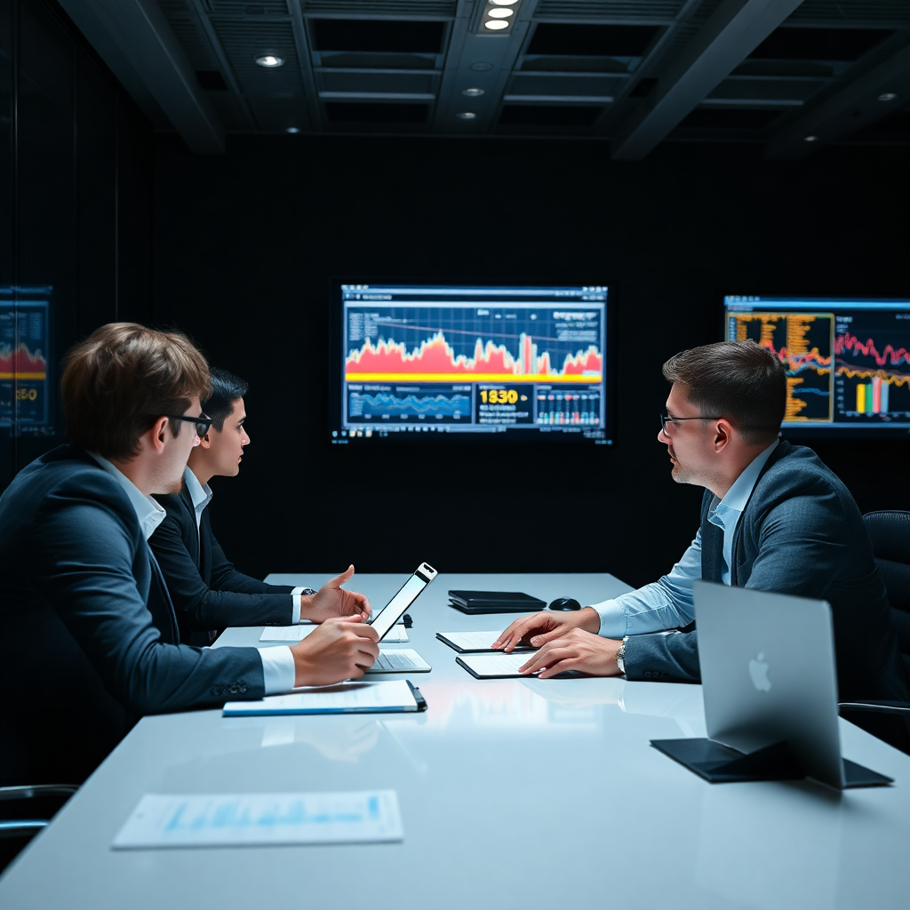 Corporate business meeting reviewing logistics data on digital screens, dark mode office