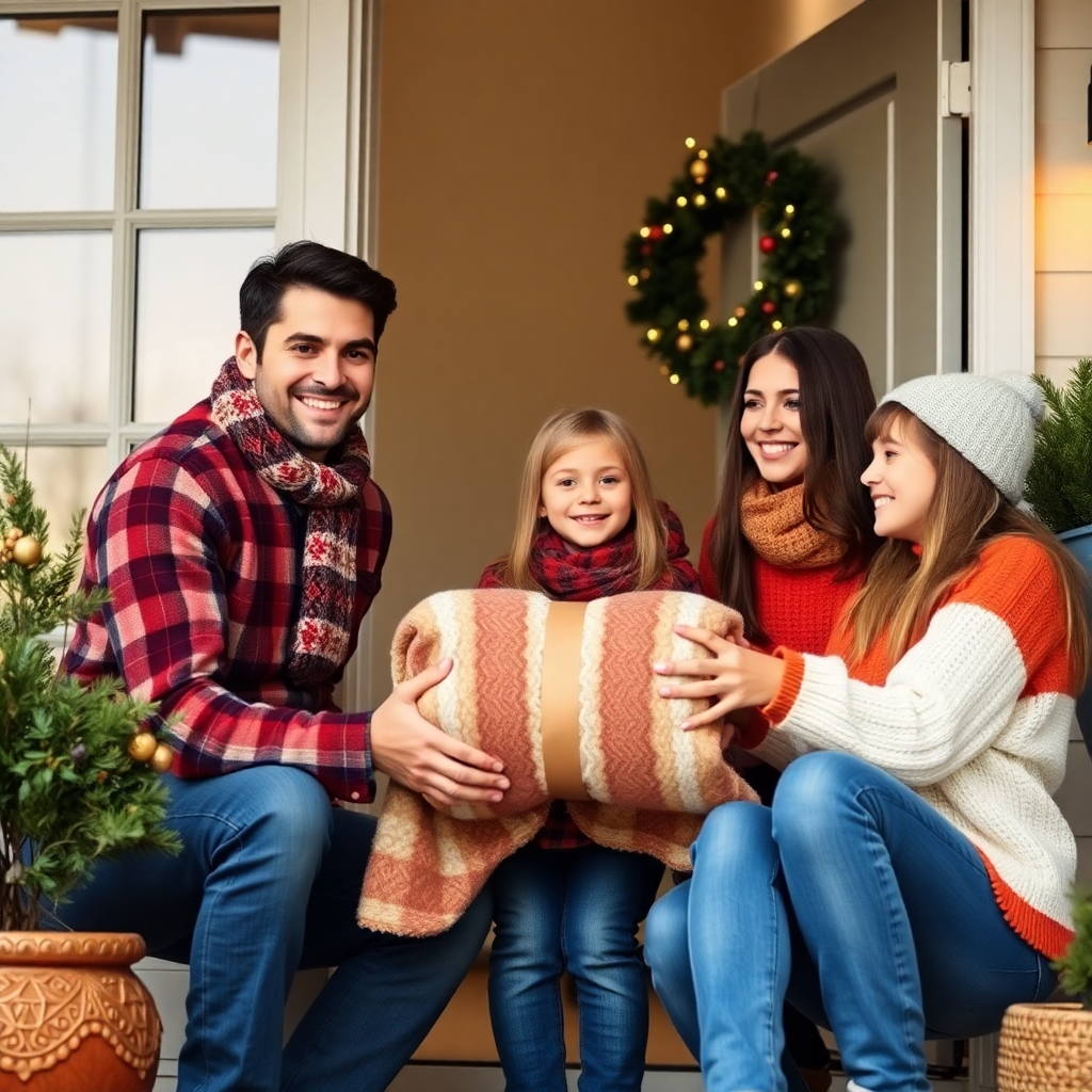 cozy family receiving blanket package at front door, happy smiling, warm home, lifestyle photography, vibrant colors