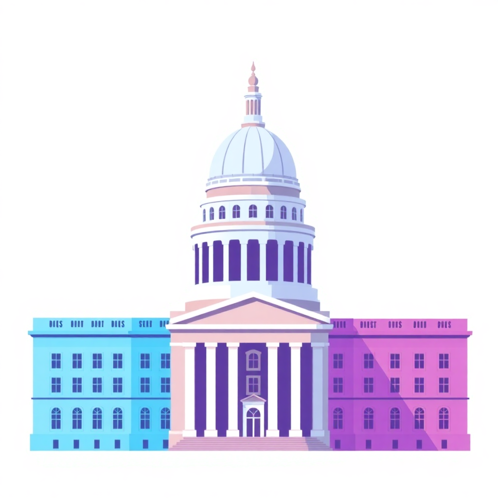 modern abstract representation of national government buildings, flat vector style, blue and purple tones
