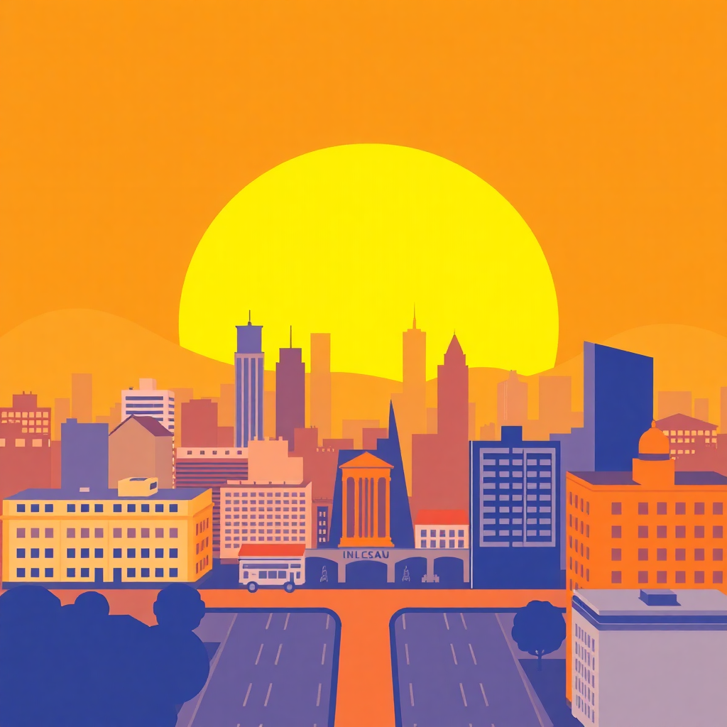 modern abstract representation of city municipality, flat vector style, orange and yellow tones