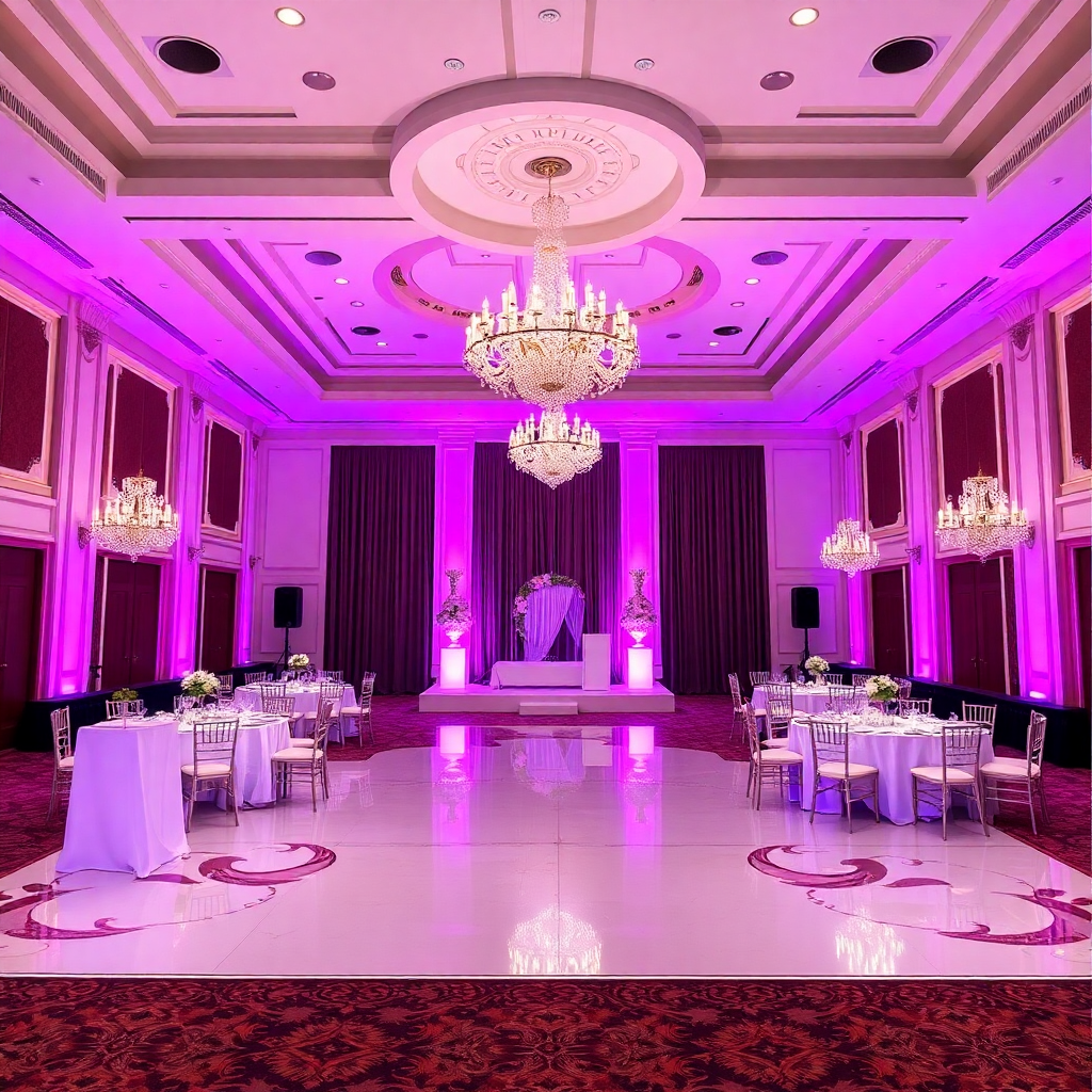 luxury grand ballroom interior wedding setup violet lighting