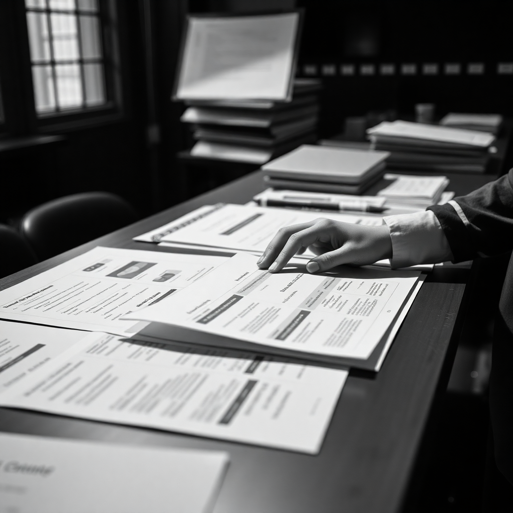 black and white photograph of hands working with documents and data on institutional desk, documentary style, stark lighting