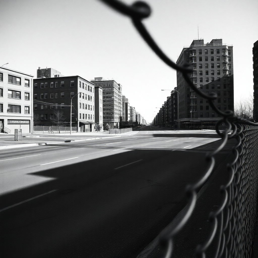 black and white photograph of urban landscape with chain link fence in foreground, empty streets, stark shadows, documentary style, high contrast