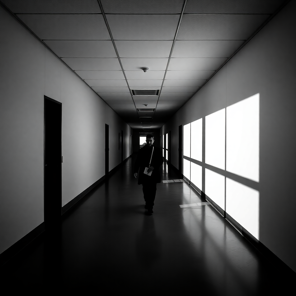 black and white photograph of lone figure walking through stark institutional corridor with strong perspective lines, documentary photography, high contrast shadows