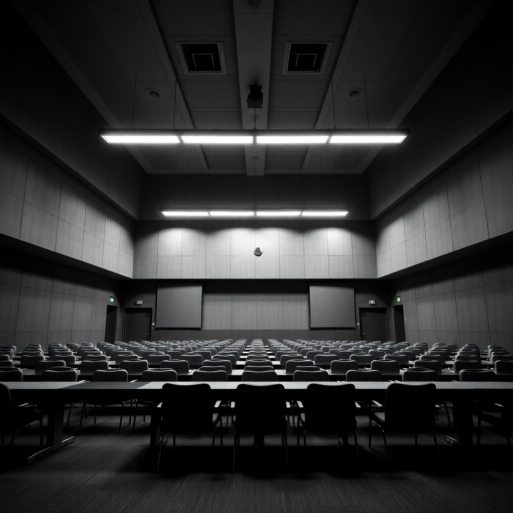 black and white photograph of empty institutional meeting room with harsh fluorescent lighting, documentary style, stark shadows, brutalist architecture