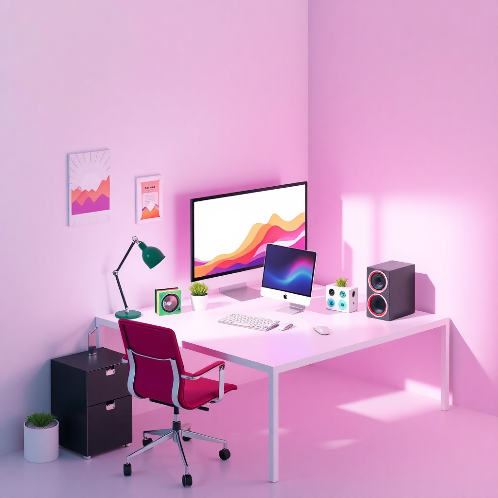 minimalistic vibrant 3d workspace with colorful gadgets, high quality render