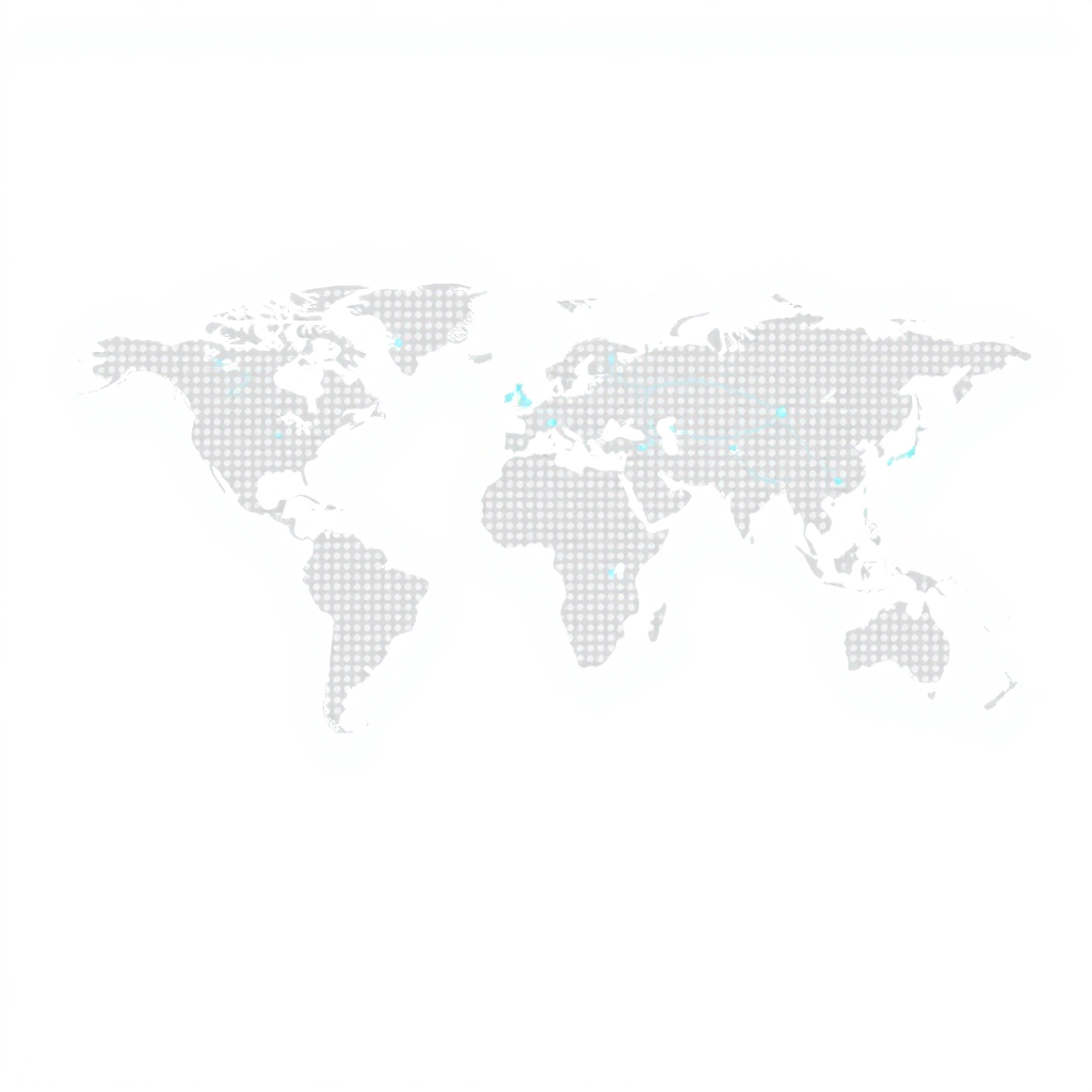 Dark mode abstract dot map showing global trade routes, orange and gold accents