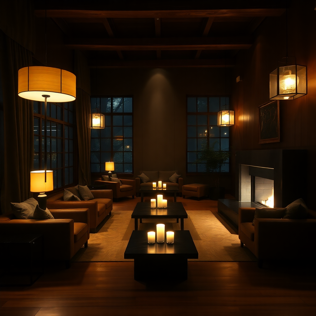 A cozy and luxurious hotel lounge area at night, with soft lighting from floor lamps, comfortable sofas, and a fireplace. Moody and atmospheric, wabi-sabi style.
