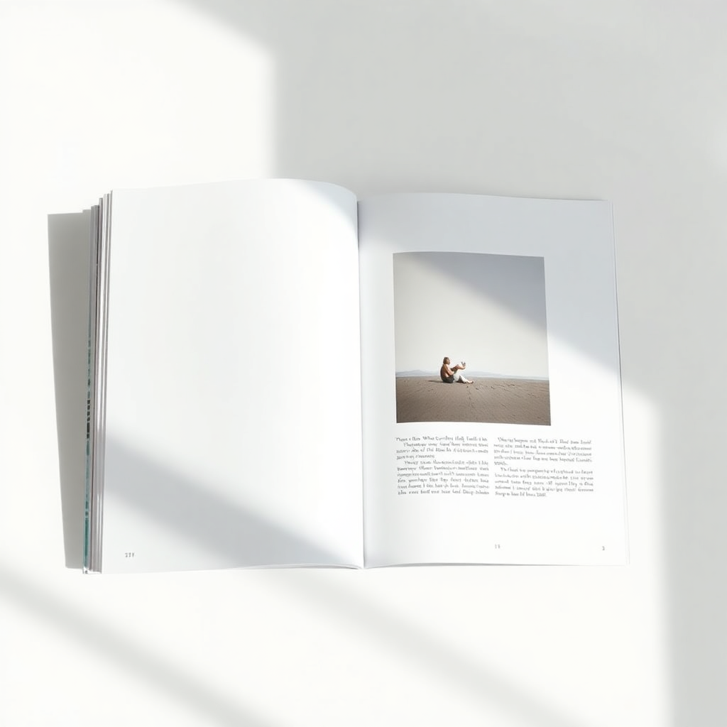 minimalist magazine spread with photography, editorial layout, clean white space, soft natural light