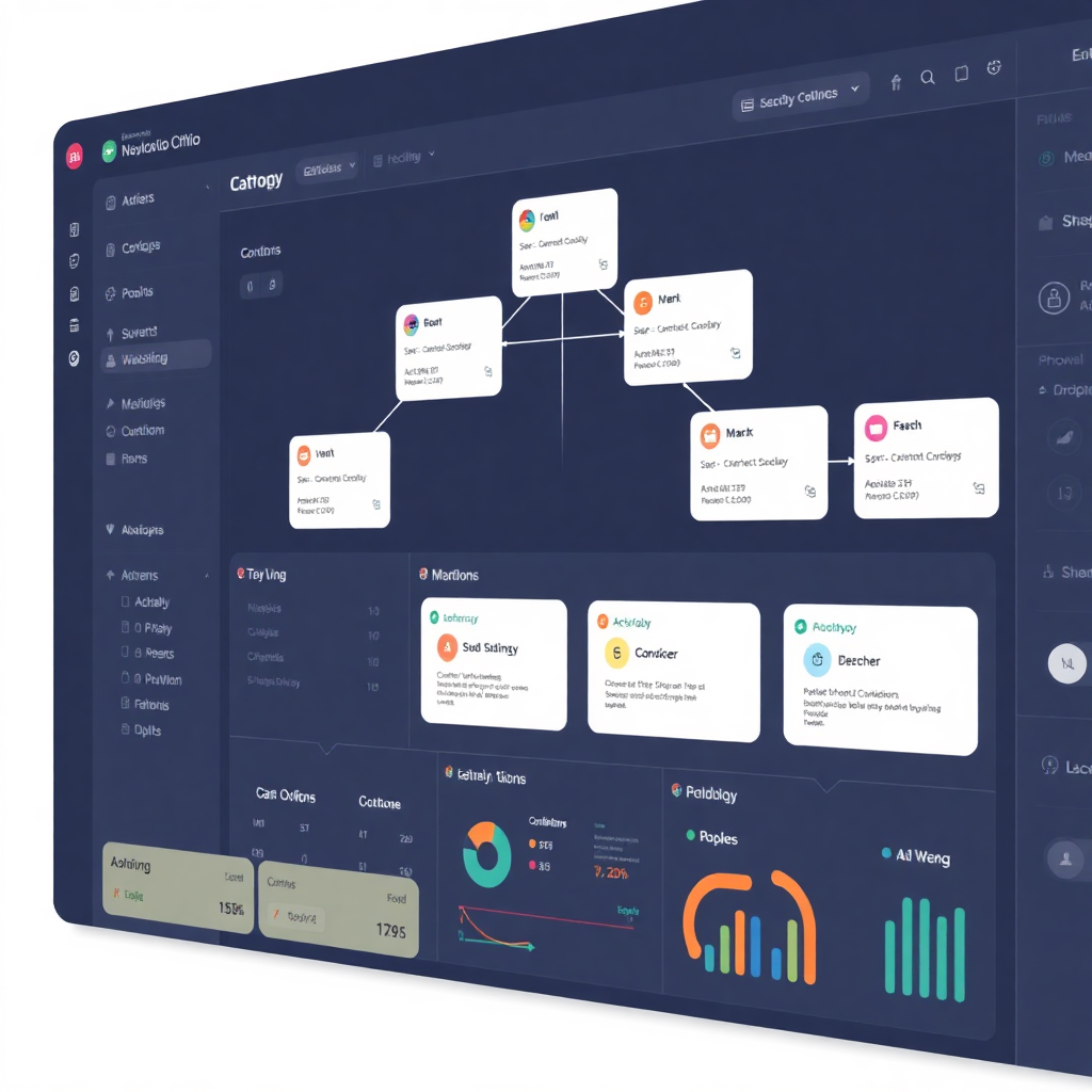 workflow visualisation dashboard with connected nodes, data flow diagrams, modern UI design for school administration