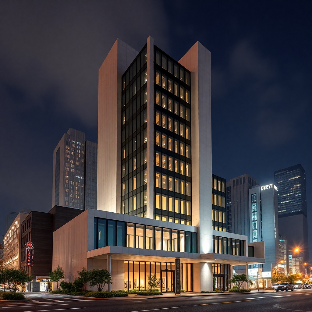 luxury hotel exterior minimalist modern architecture in Tokyo night skyline