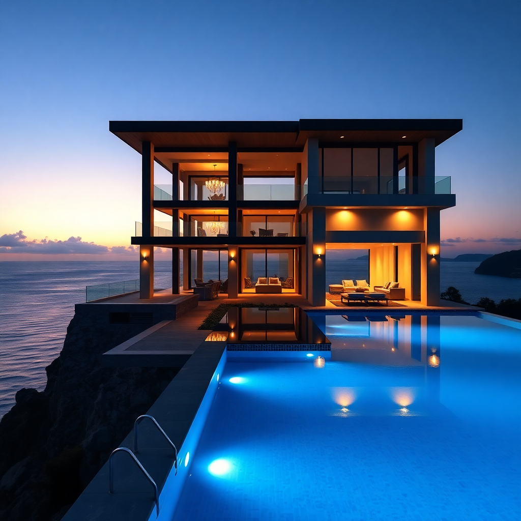 luxury mansion with infinity pool overlooking ocean at dusk, cinematic lighting