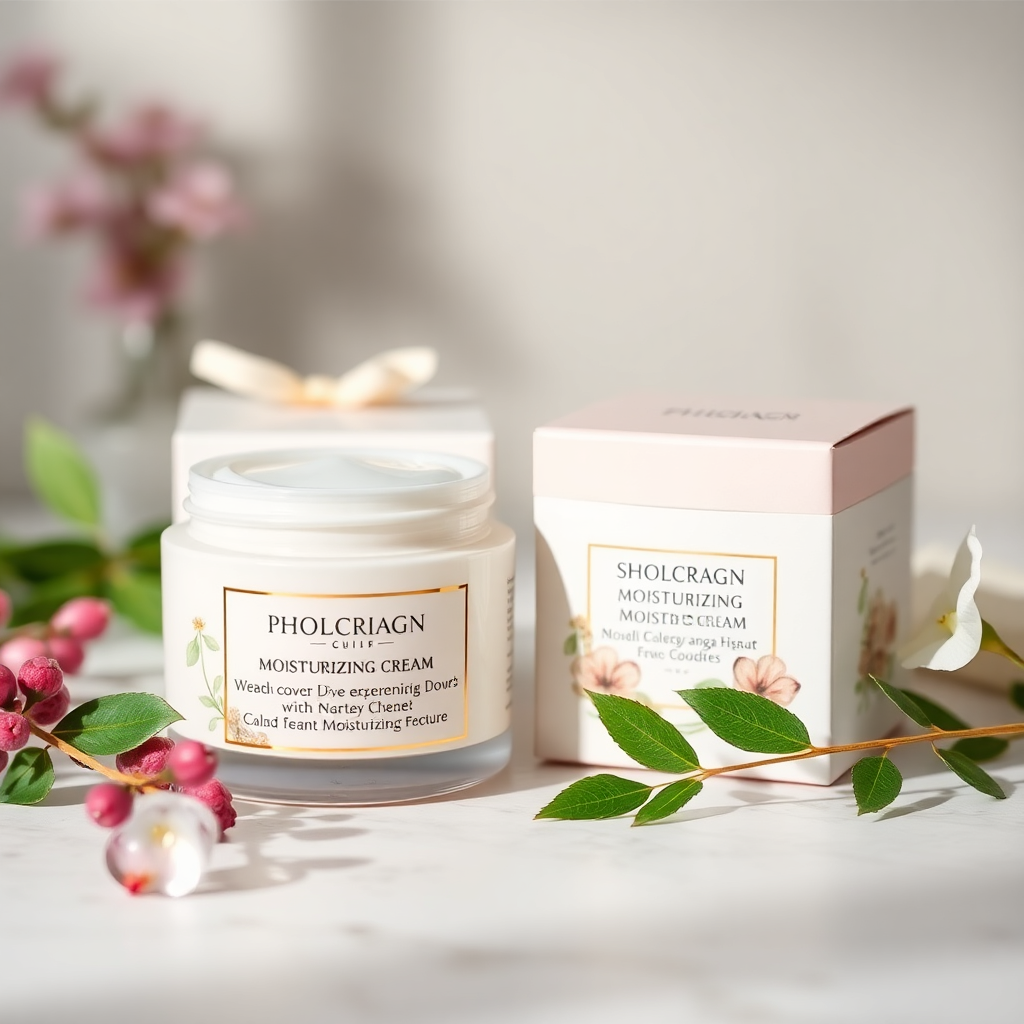 luxury moisturizing cream jar, elegant packaging, soft pastel colors with botanical elements