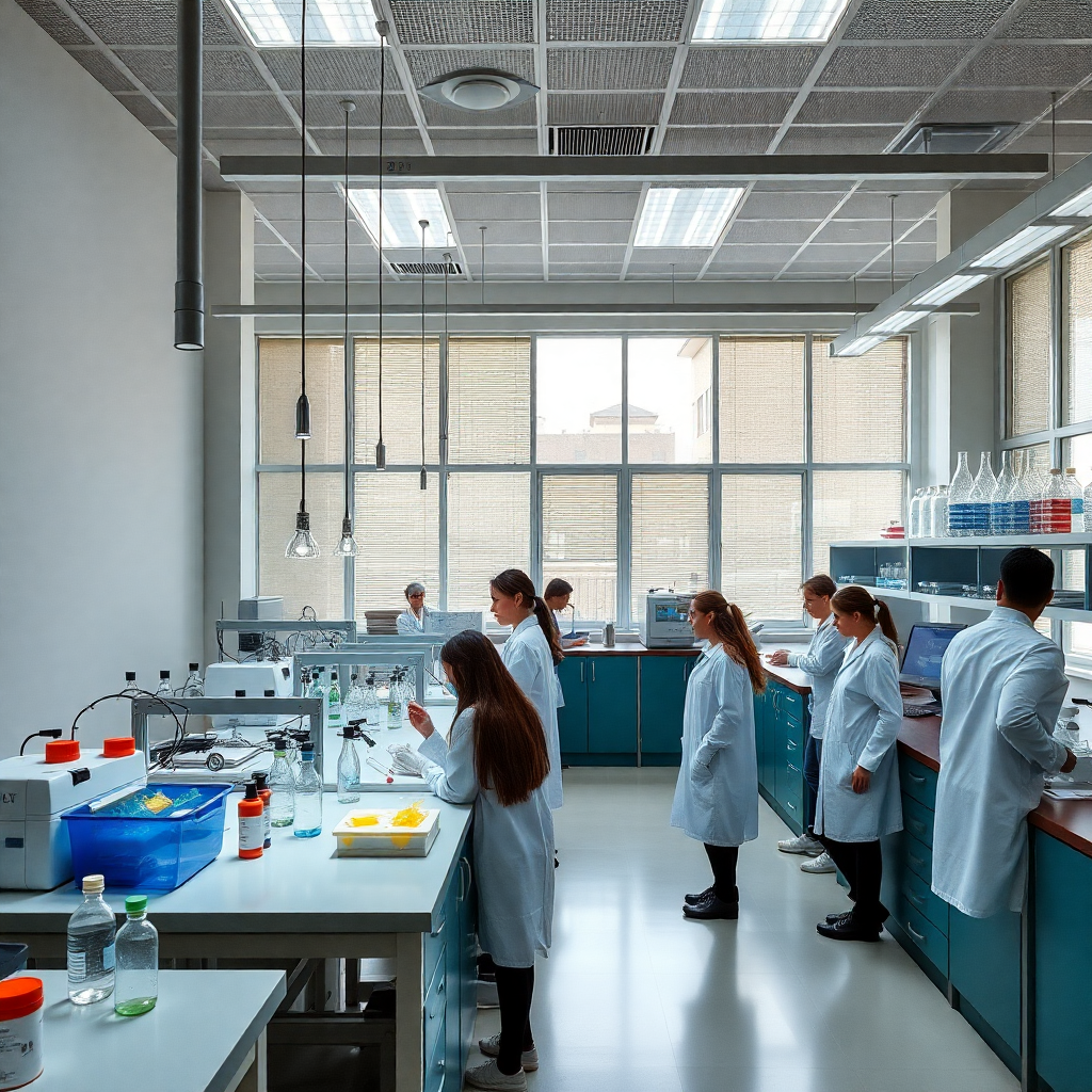 modern school science laboratory with advanced equipment and students