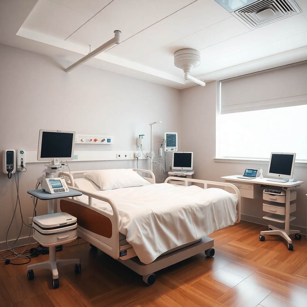 modern hospital patient room with comfortable bed and medical equipment