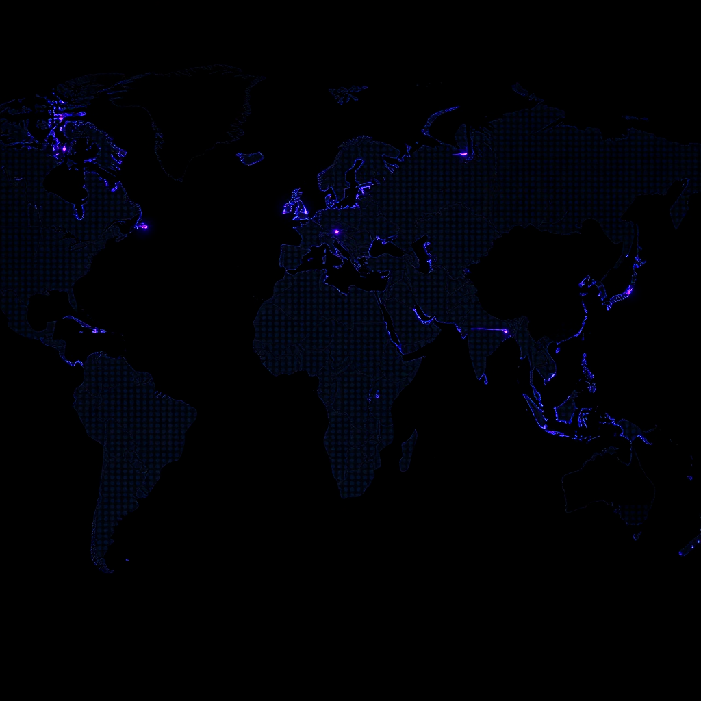 Detailed dark mode dotted world map with glowing trade routes connecting Brasil to USA Europe Asia orange and blue neon lines
