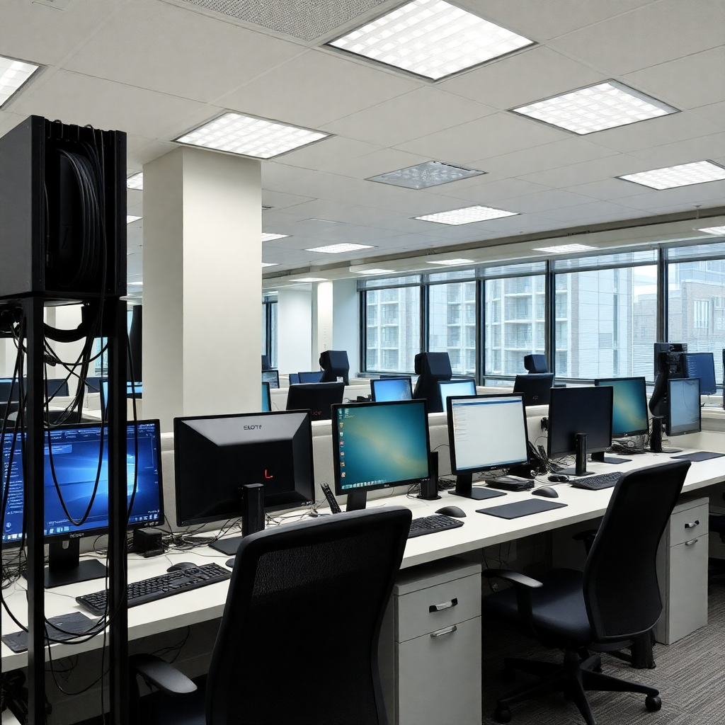 office environment with multiple computer deployments, clean cable management, modern workspace