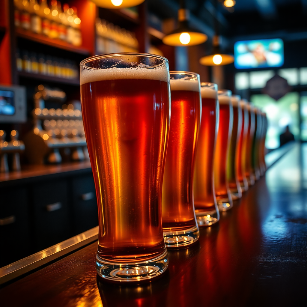 pint glasses lined up on bar