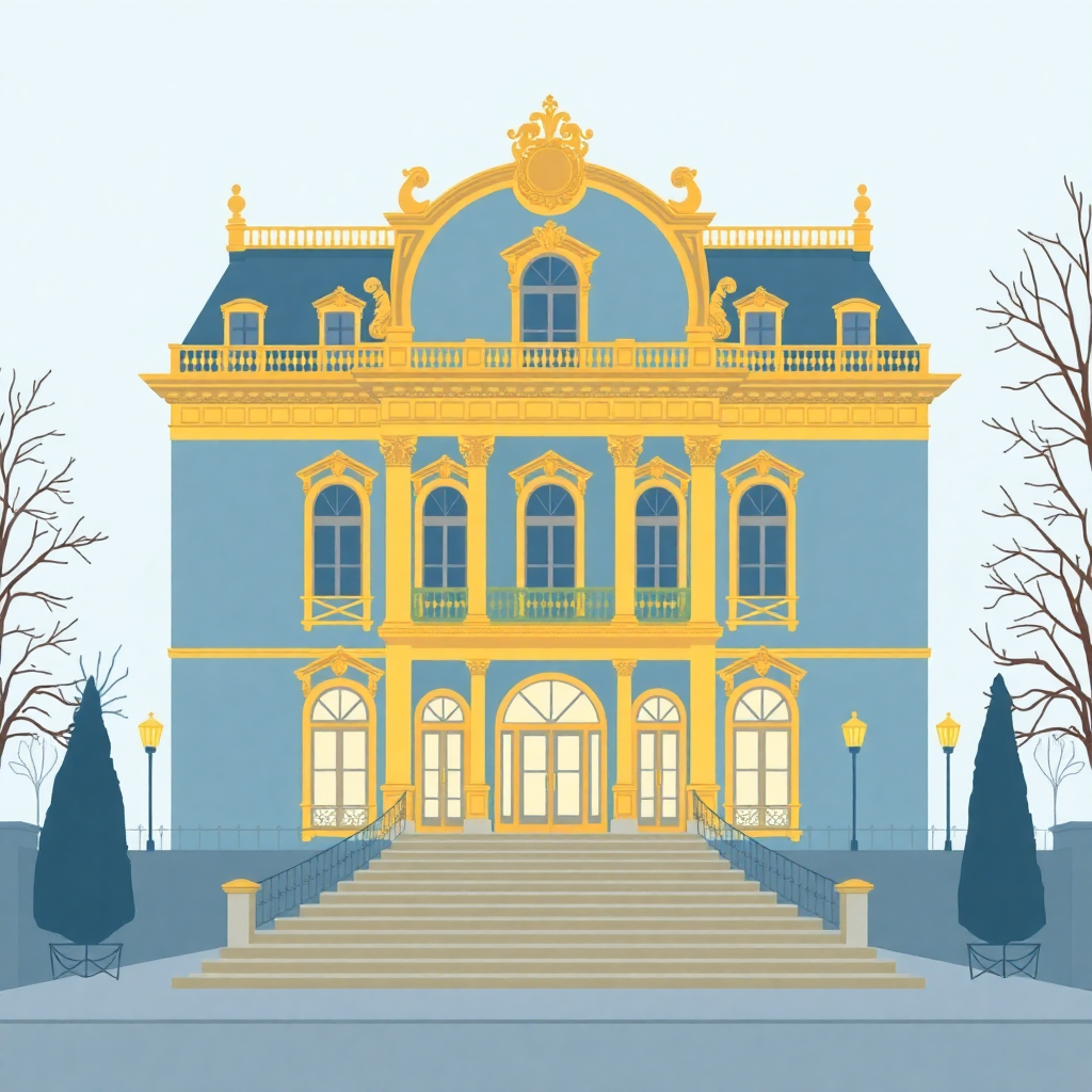 elegant illustration of European palace or spa building, Belle Époque style, minimalist illustration, blue and gold colors