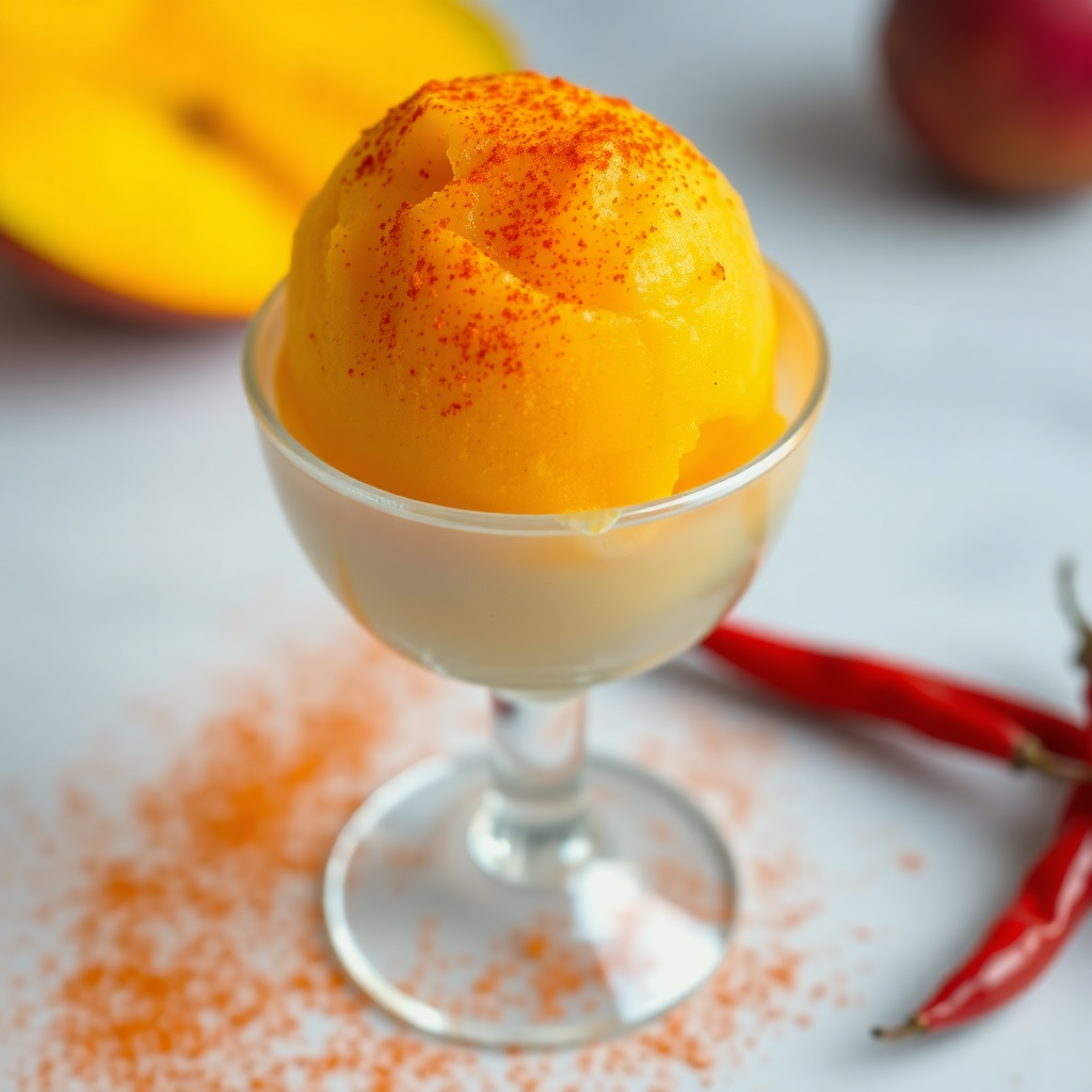 scoop of spicy mango sorbet with chili powder
