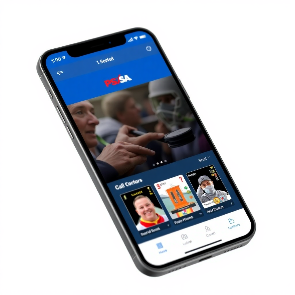 Smartphone displaying the PSA mobile app interface with card collection