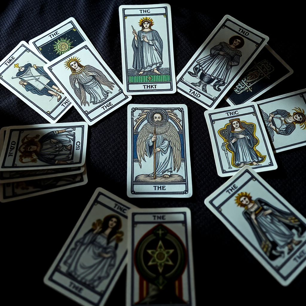 tarot cards spread out in a pattern, mystical fortune telling